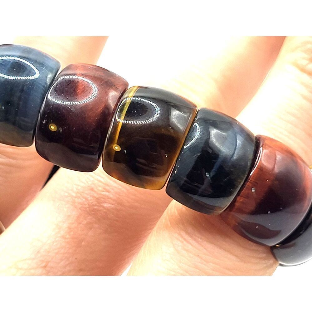 Red, Blue, and Yellow Tiger Eye Gemstone Elastic Bracelet 7in
